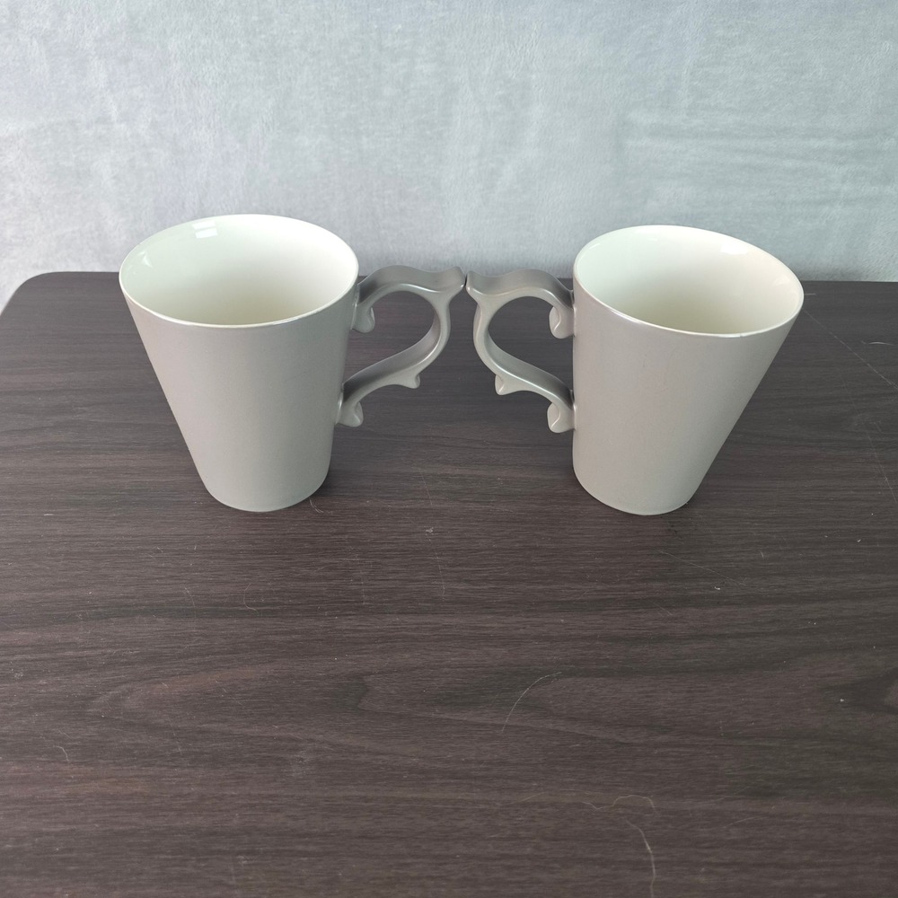 Tazo Tea Mugs Set of 2 Matte Taupe Gray Ornate Scroll Handle 2012 Ceramic 5in